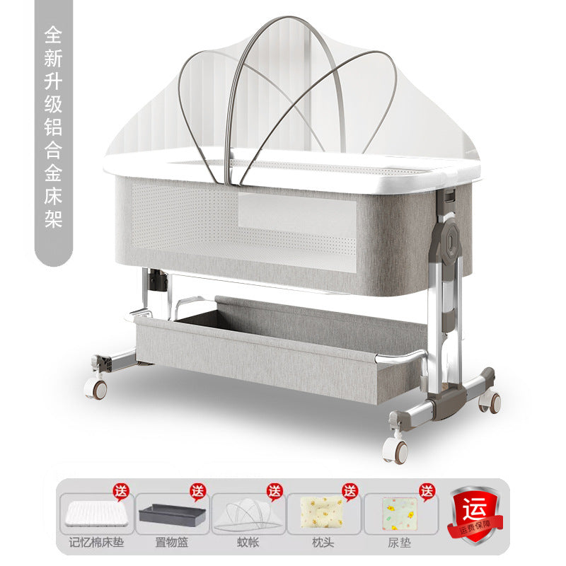 Aluminum alloy baby crib convertible to big bed, multifunctional portable folding children's bed, newborn baby bed with changing table