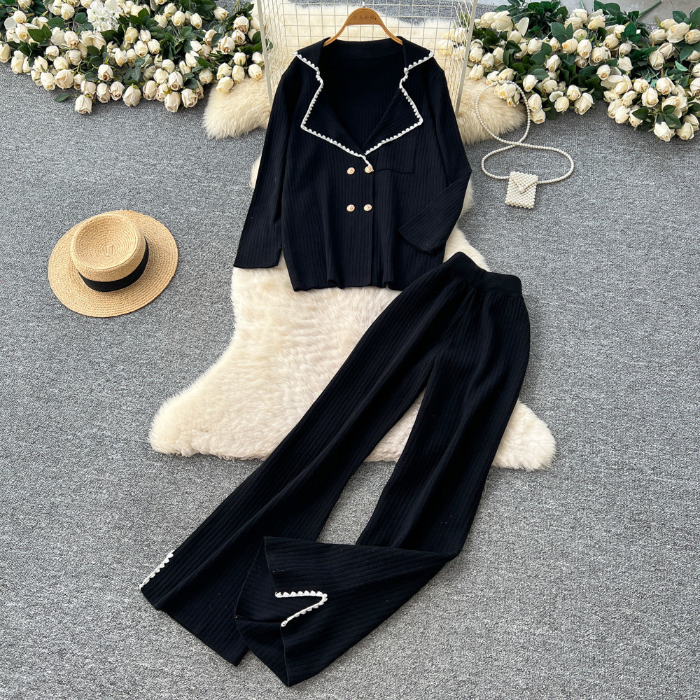 Xiaoxiangfengfashion western style suit collar long sleevesknittingtops women's high waistloose straight-leg pantsautum outfitsuit