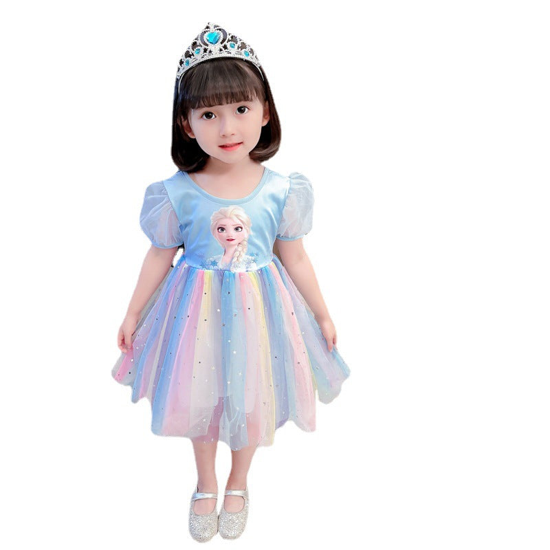Girls' elsa princess dress - summer rainbow dress for kids - summer cotton elsa new style dress - korean style trendy baby dress
