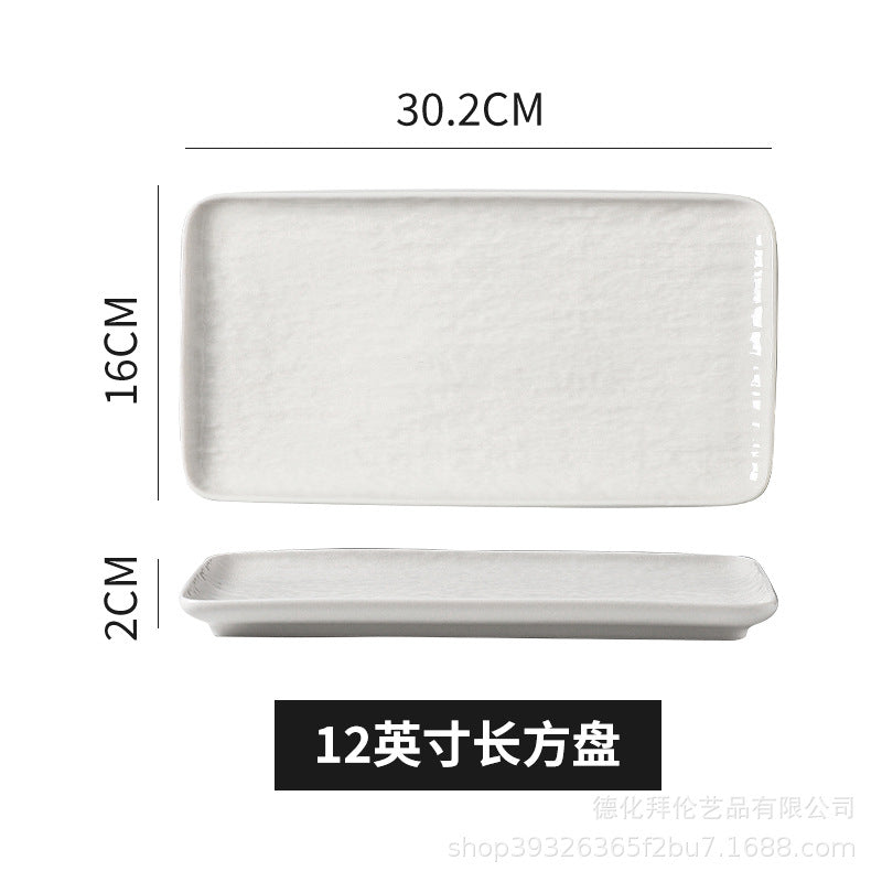 European-style embossed pure white ceramic plate, rectangular dinner plate for western cuisine, steak plate, salad bowl, hotel display plate - wholesale