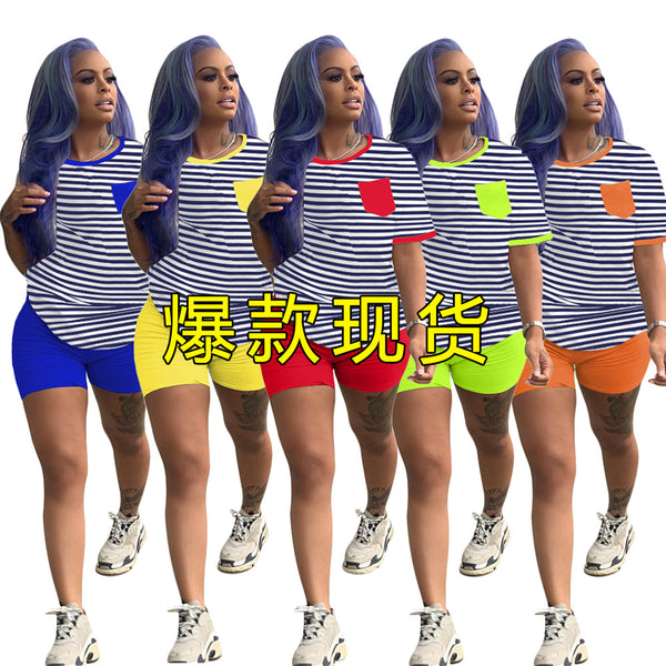 SS3768 Cross-border Summer New Fashion Classic Stripe Printing Casual Sports Two-piece Suit Women's Shorts
