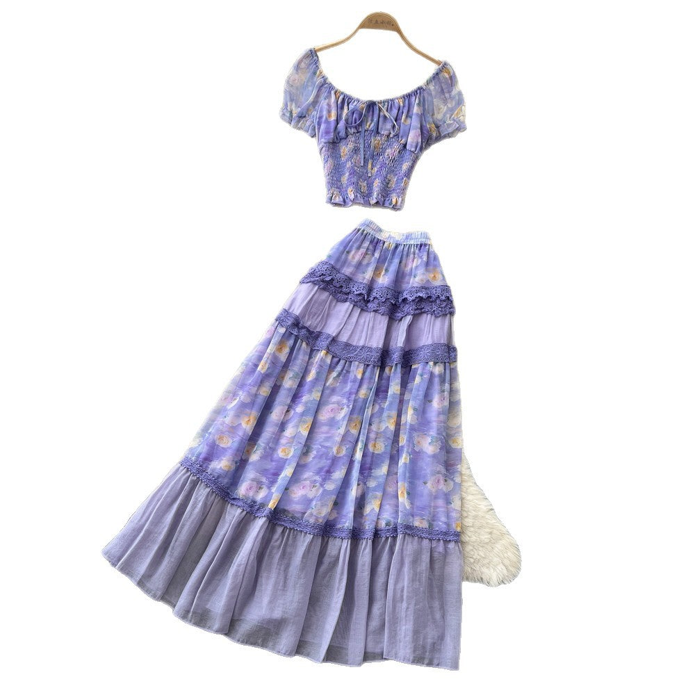 French chic floral two-piece set: summer tie-waist top & mesh tiered skirt