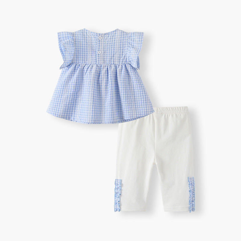 Girls' outfit set  new sweet style baby girl clothes two-piece set pastoral blue plaid top children's clothing