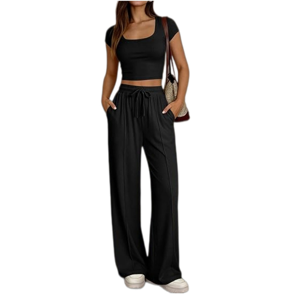 spring/summer new arrival: y2 european and american style women's casual slim-fit two-piece set - short sleeve top and long pants - commute outfit
