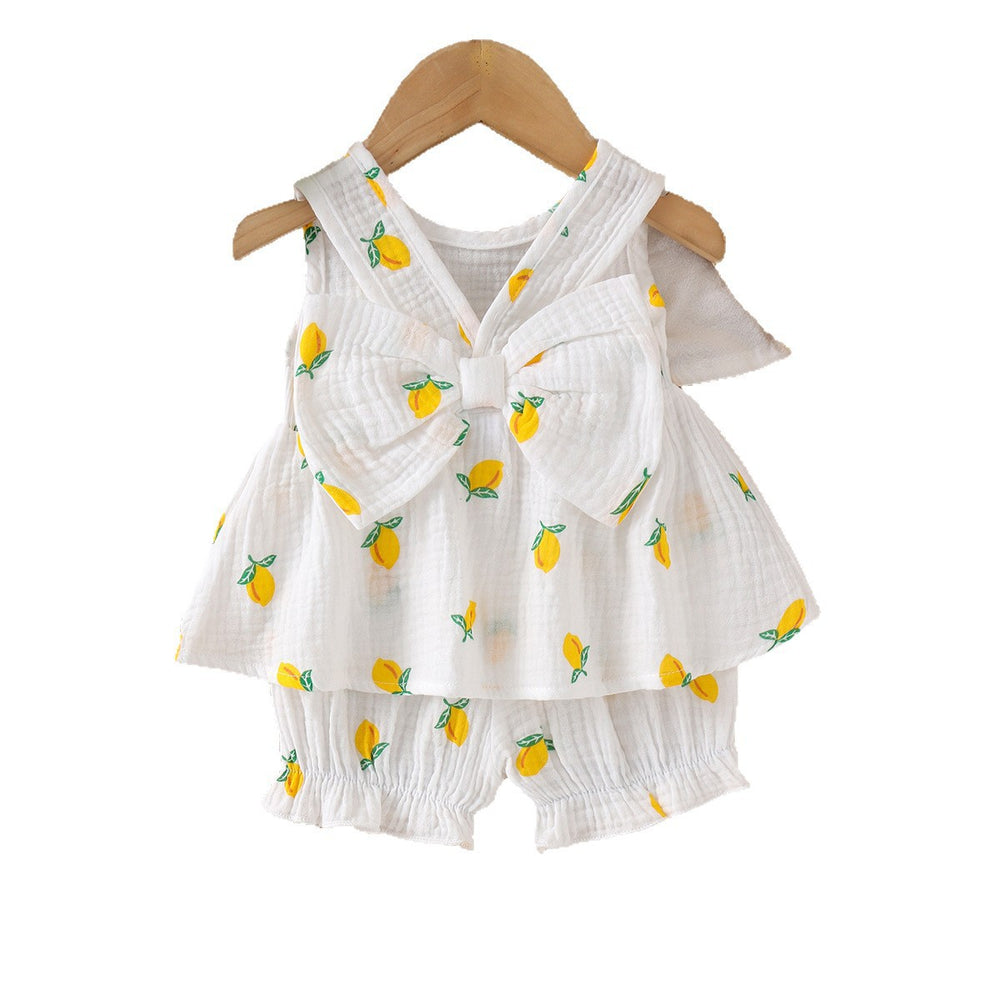 Baby girl lemon print gauze sleeveless ruched tank top with ruffle-trimmed lantern shorts - summer casual outfit