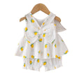Baby girl lemon print gauze sleeveless ruched tank top with ruffle-trimmed lantern shorts - summer casual outfit