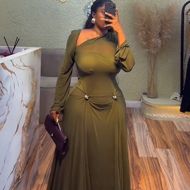 European and american cross-border women's fashion:  summer new arrival - elegant, high-end, asymmetrical neck, slim-fit, designer long dress