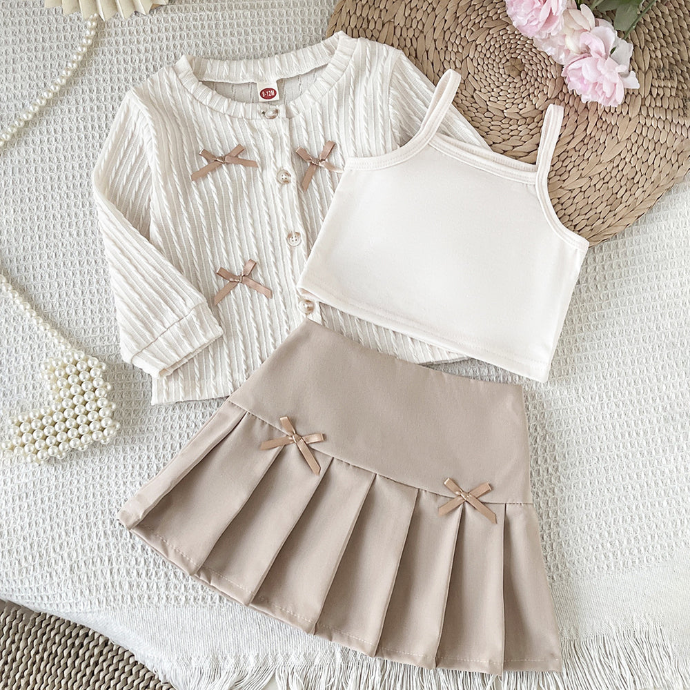 cross-border korean style girls' & toddler's preppy bow cardigan solid color camisole + a-line pleated skirt three-piece set