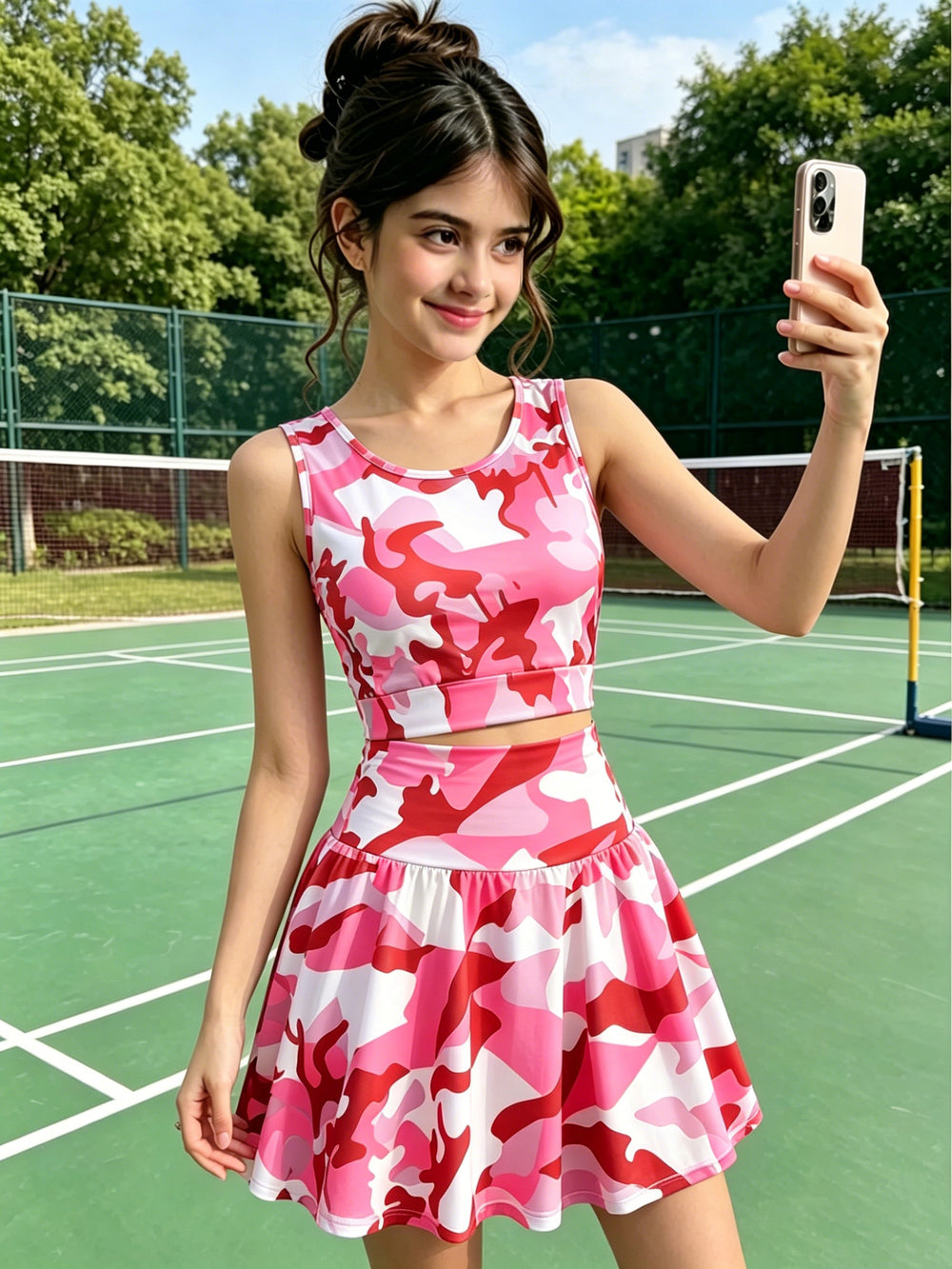 girls' activewear set: colorful geometric camo sleeveless tank top & high-waisted faux two-piece skirt - kids' two-piece outfit