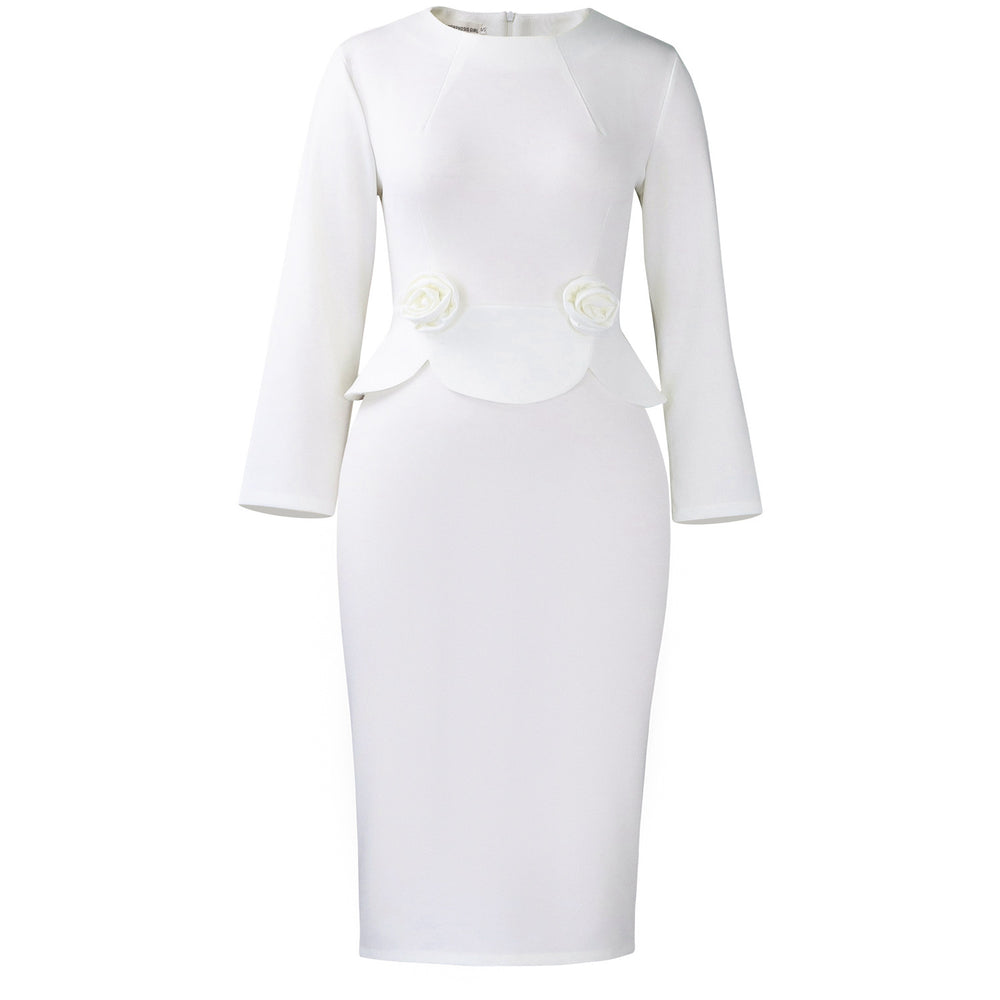 C8642 women's foreign trade dress,  autumn/winter new collection, fashionable round neck long sleeve solid color 3d floral european and american style dress