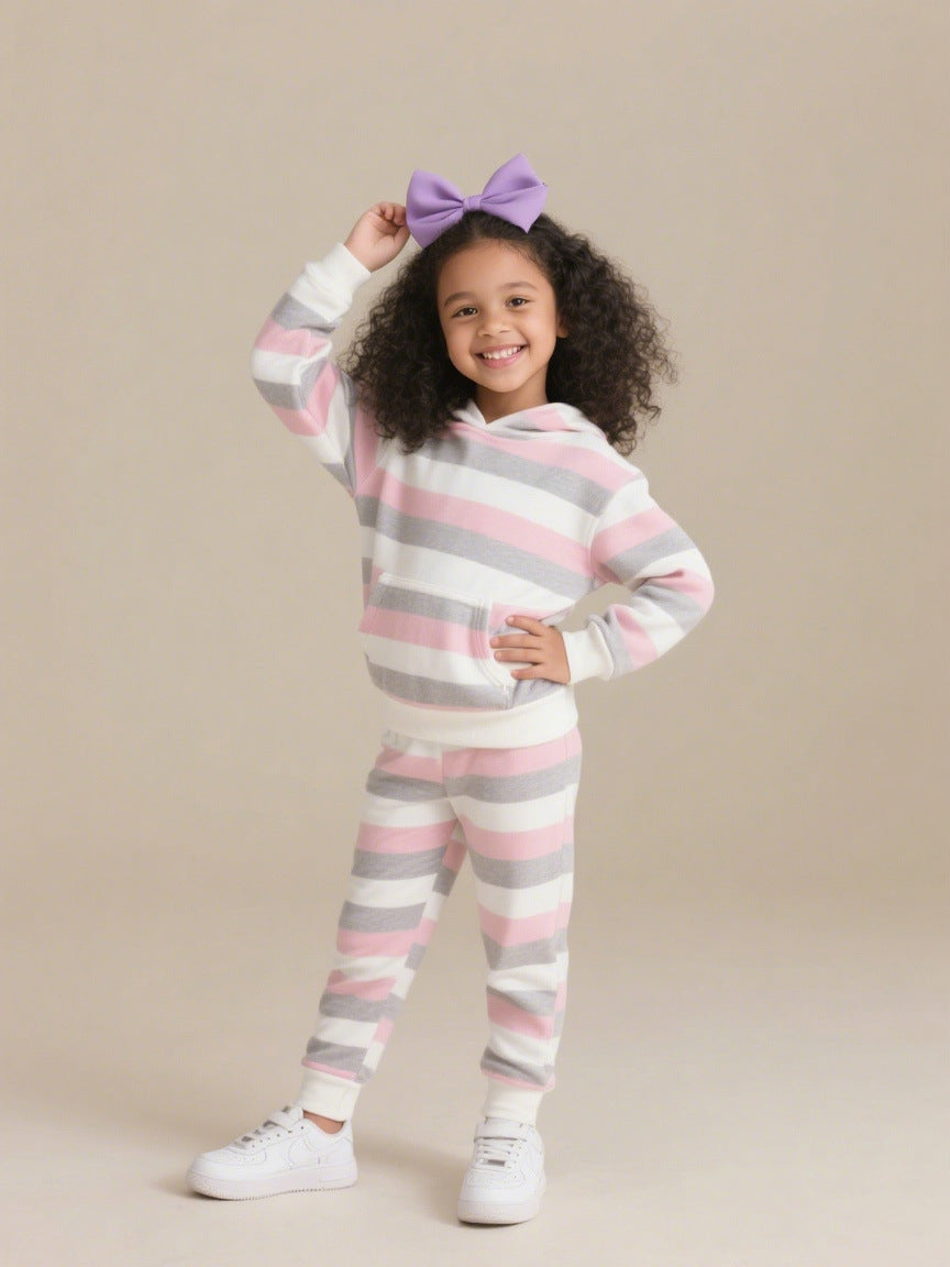 Girls' casual color block striped hoodie and jogger set - autumn activewear two-piece outfit for kids