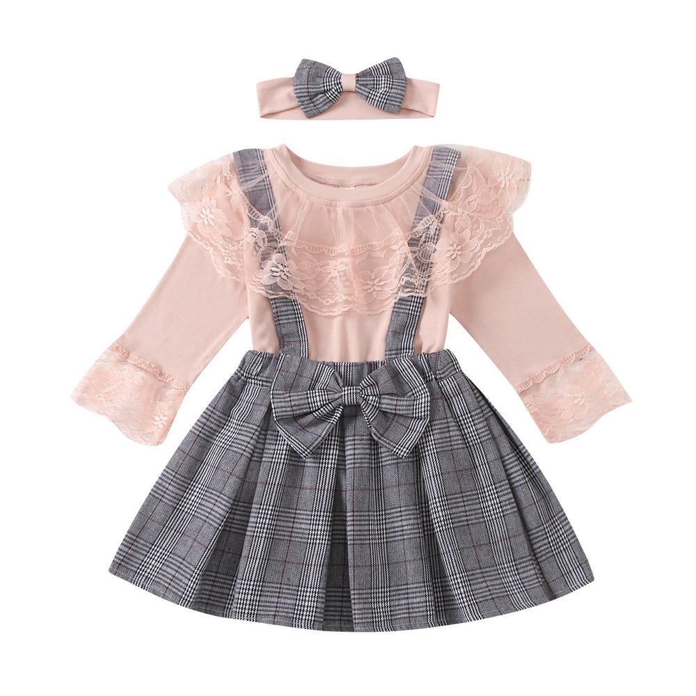 new children's clothing, boys and girls, european and american style plaid suspender bowknot lace-trimmed culottes, sibling matching set
