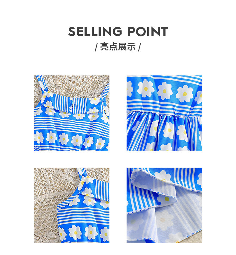 Girls' summer sundress: blue striped floral print casual french style for mid-to-large children