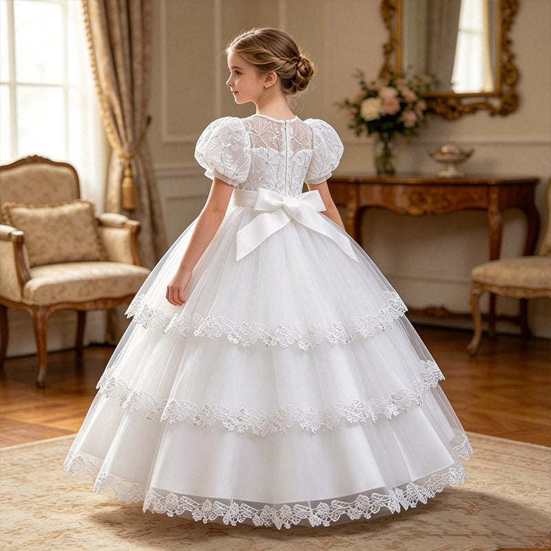 new arrival children's dress princess dress girl long dress short sleeve mesh tutu skirt lace costume in stock