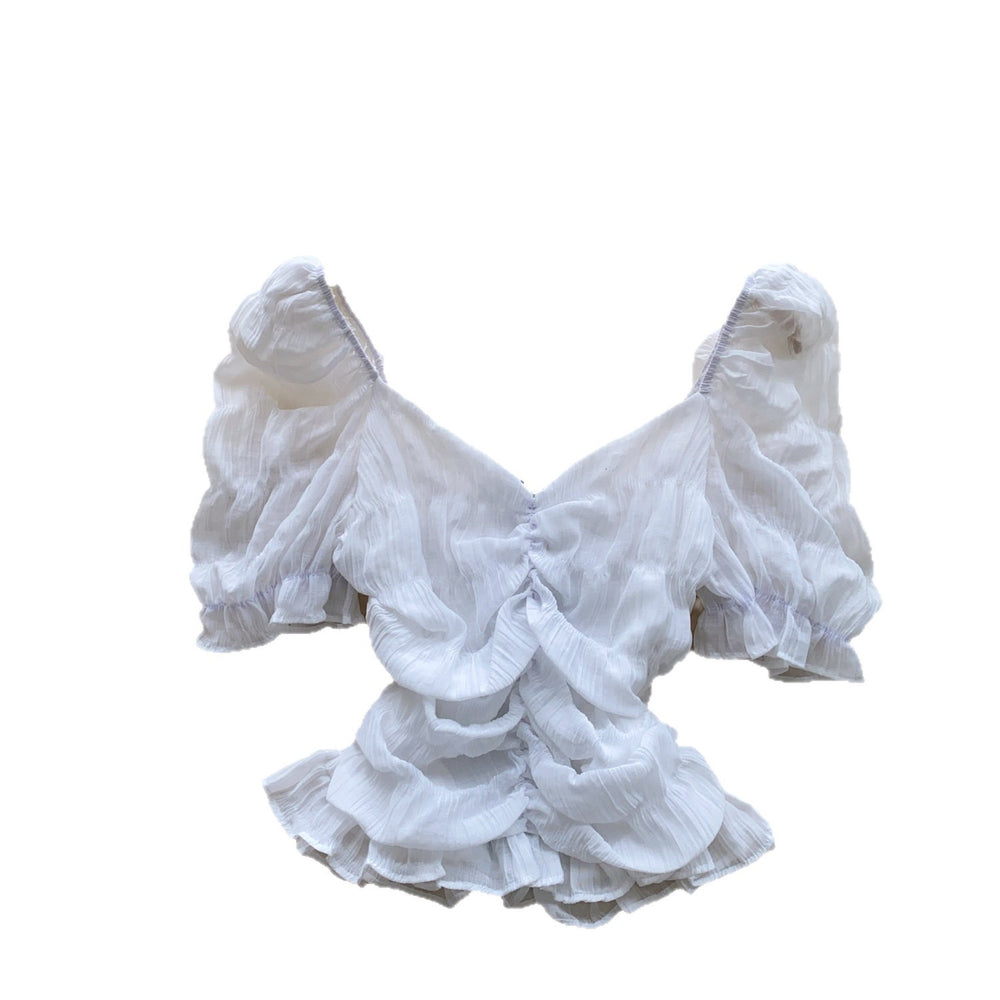 Frenchsweet style square collar puff sleeve shirt women's summerk-style pleated fungus edge waist shorteleganttops