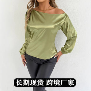 Real shot cross-border  women's clothing 25summernew arrivalsatinshirtwhite women's long sleevesfashion satin shirt