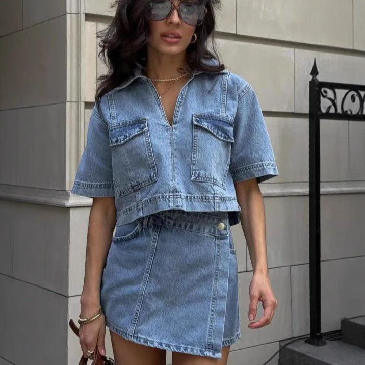 Cross-border European and American wind speed sales, popular double-placket V-neck pullover short denim shirt, high-waisted denim culottes set