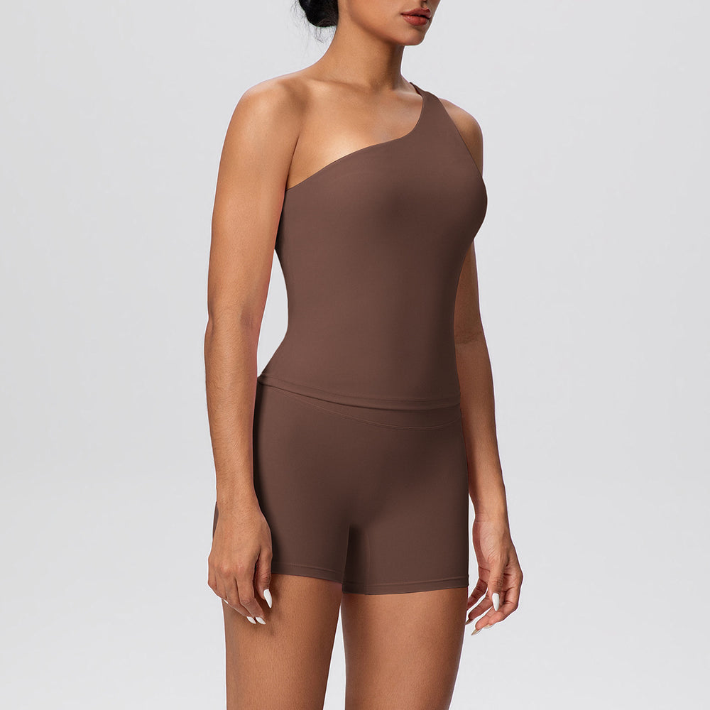 double-sided brushed nude tight one-shoulder vest shorts sports suit running fitness yoga wear two-piece set