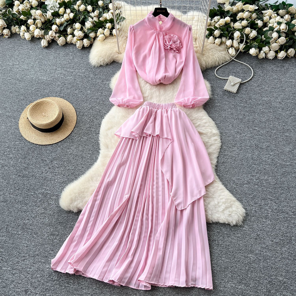 Classy suit women's light mature style elegantstereo flower lantern sleeve chiffon shirt asymmetrical pleated skirt