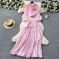 Classy suit women's light mature style elegantstereo flower lantern sleeve chiffon shirt asymmetrical pleated skirt