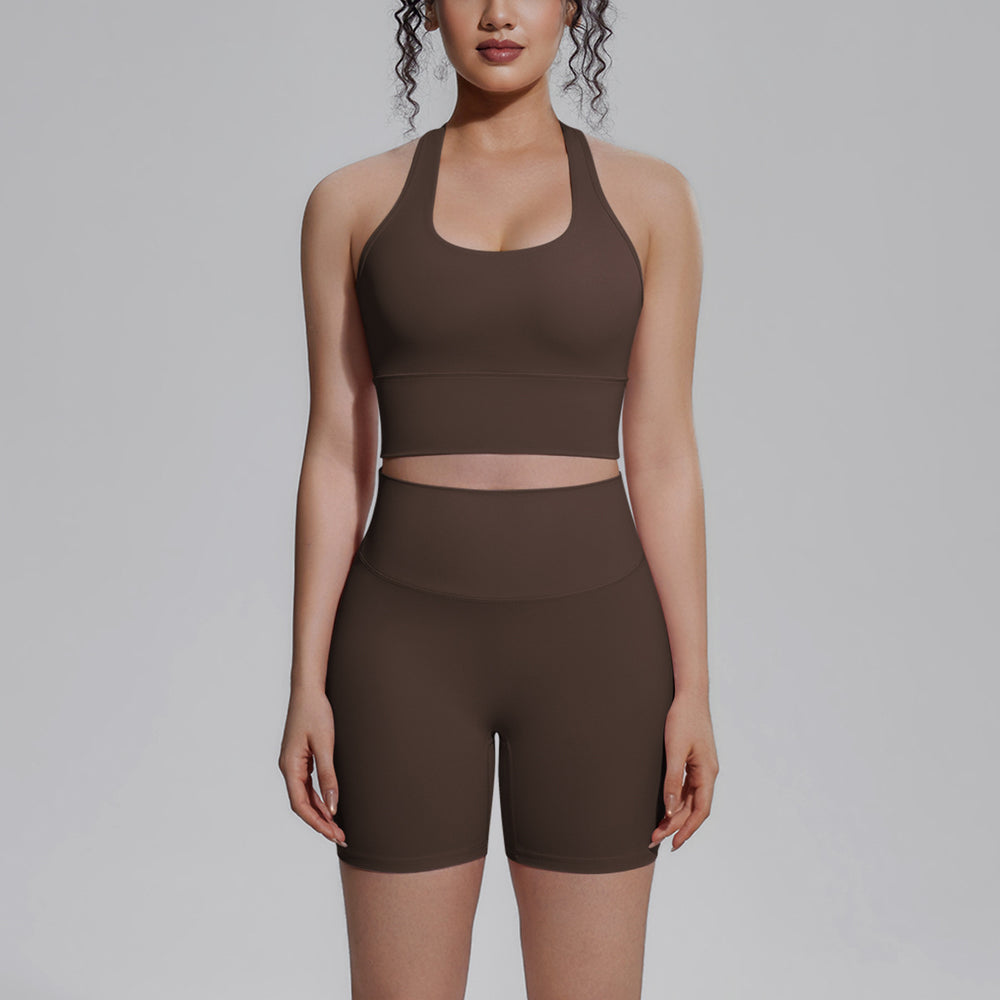 pure color double-sided brocade beautiful back tight-fitting breathable yoga suit training sports running fitness two-piece set for women