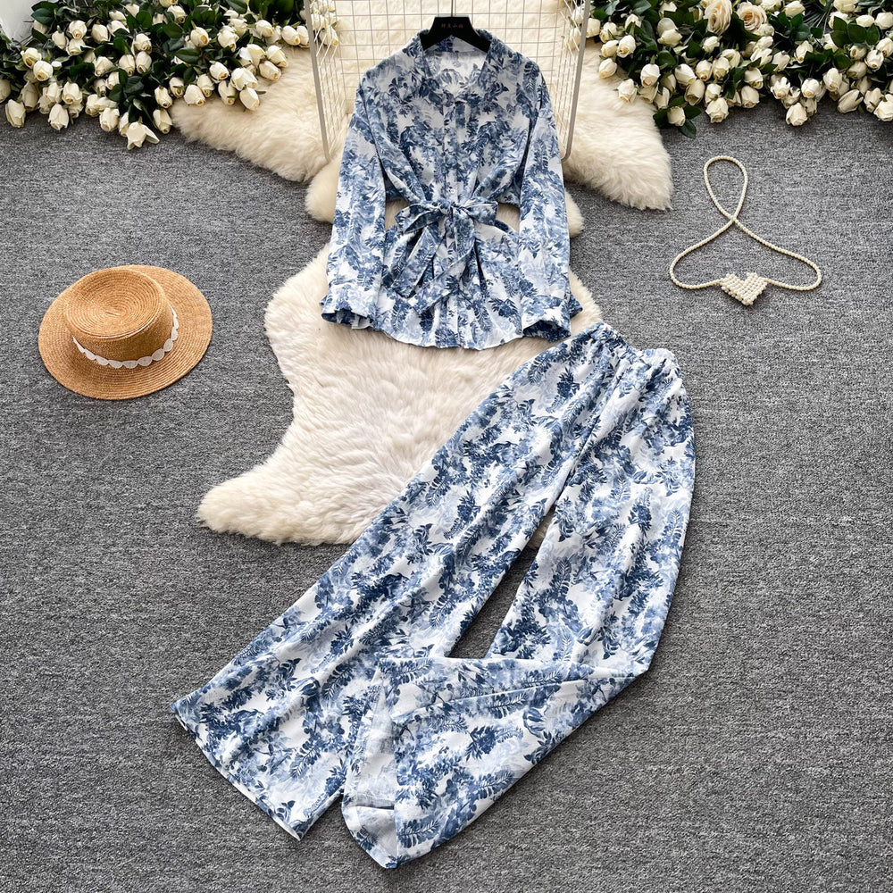 Lightly mature elegance style strappy v necktopshigh waistloose pantstwo-piece set female autumslimming look lazy fashionsuit