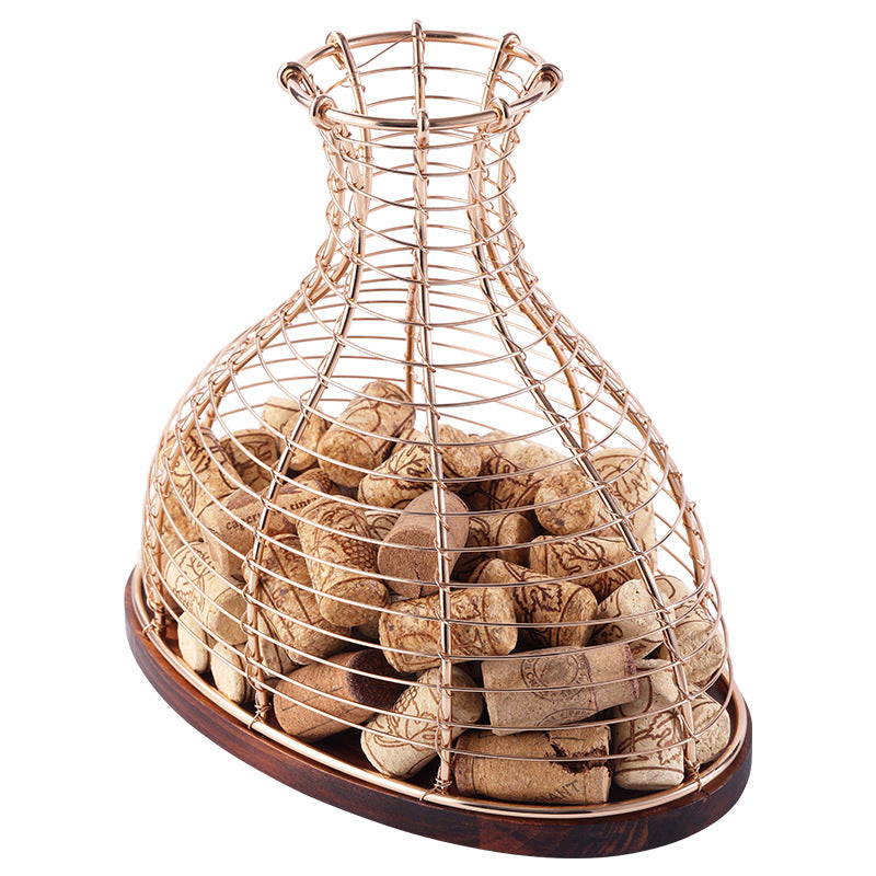 Cross-border  solid wood red wine plug storage basket wrought iron European commercial hotel wine oak plug collection basket