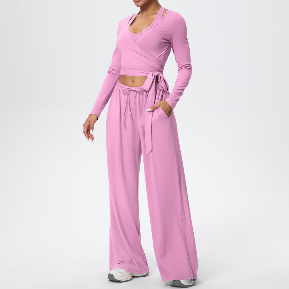 New brushed fleece quick-dry yoga outfit set - three-piece activewear with drawstring and tie details for sports, outdoor training, running, and fitness