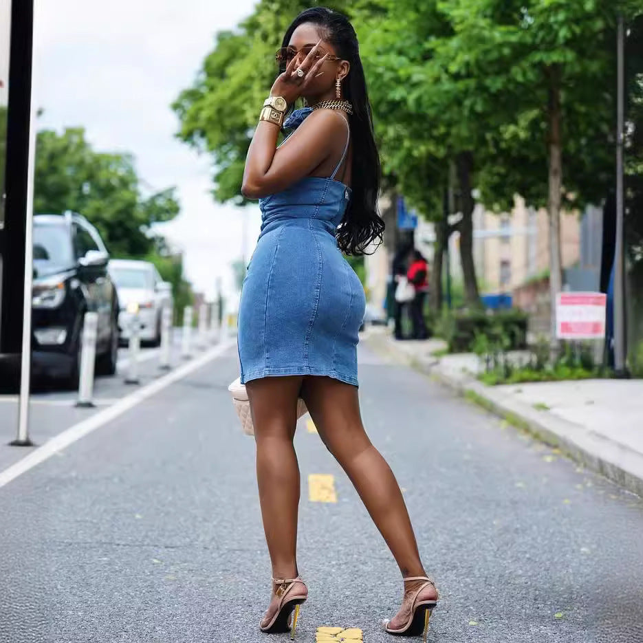 European and american style stretch denim skirt -  cross-border women's sexy 3d floral buckle suspender dress