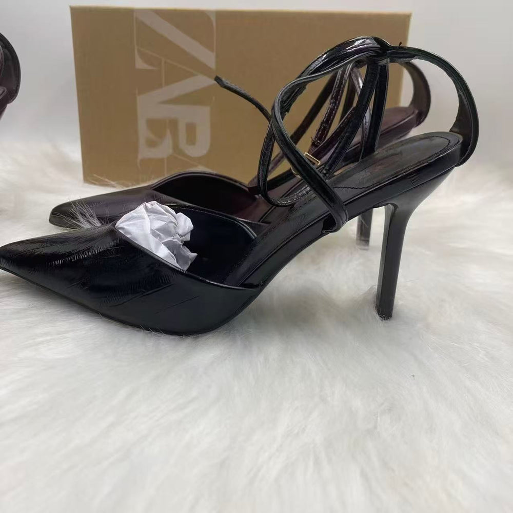 Za2025new arrivalfashion pointed toe high heelseleganteasiest for match leather belt buckle stiletto flats women