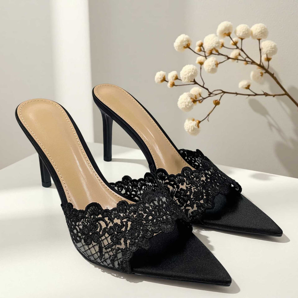 Wo huizhou city 2026 summer high heel light luxury classy lace pointed toe stiletto slippers fashion style fashion elegant