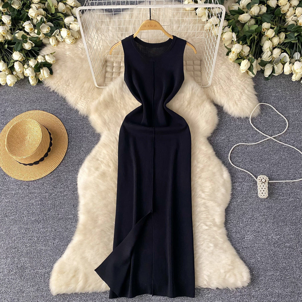Sense of designfashion round neck sleeveless dress women's summer thin silmslimming look slit hip-covering knitting skirt long skirt