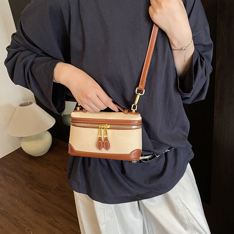 European and American retro fashion portable box small square bag women's 2024  new canvas contrasting color splicing messenger bag