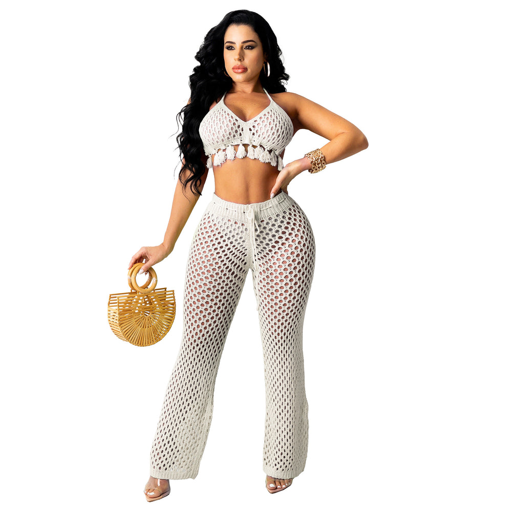 e-commerce  hot-selling european and american sexy women's clothing sexy knitted mesh cut out wool two-piece suit