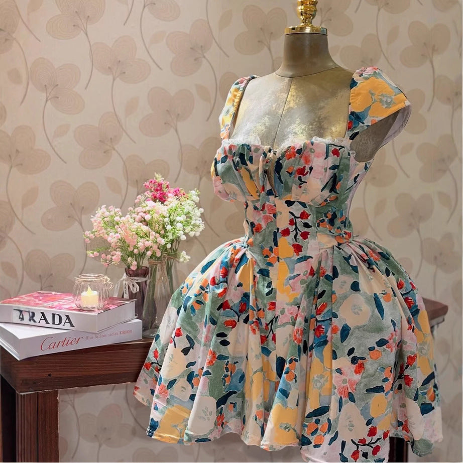 European and american cross-border women's fashion:  summer new arrivals - fresh camisole lace print high-waisted ruched mini dress