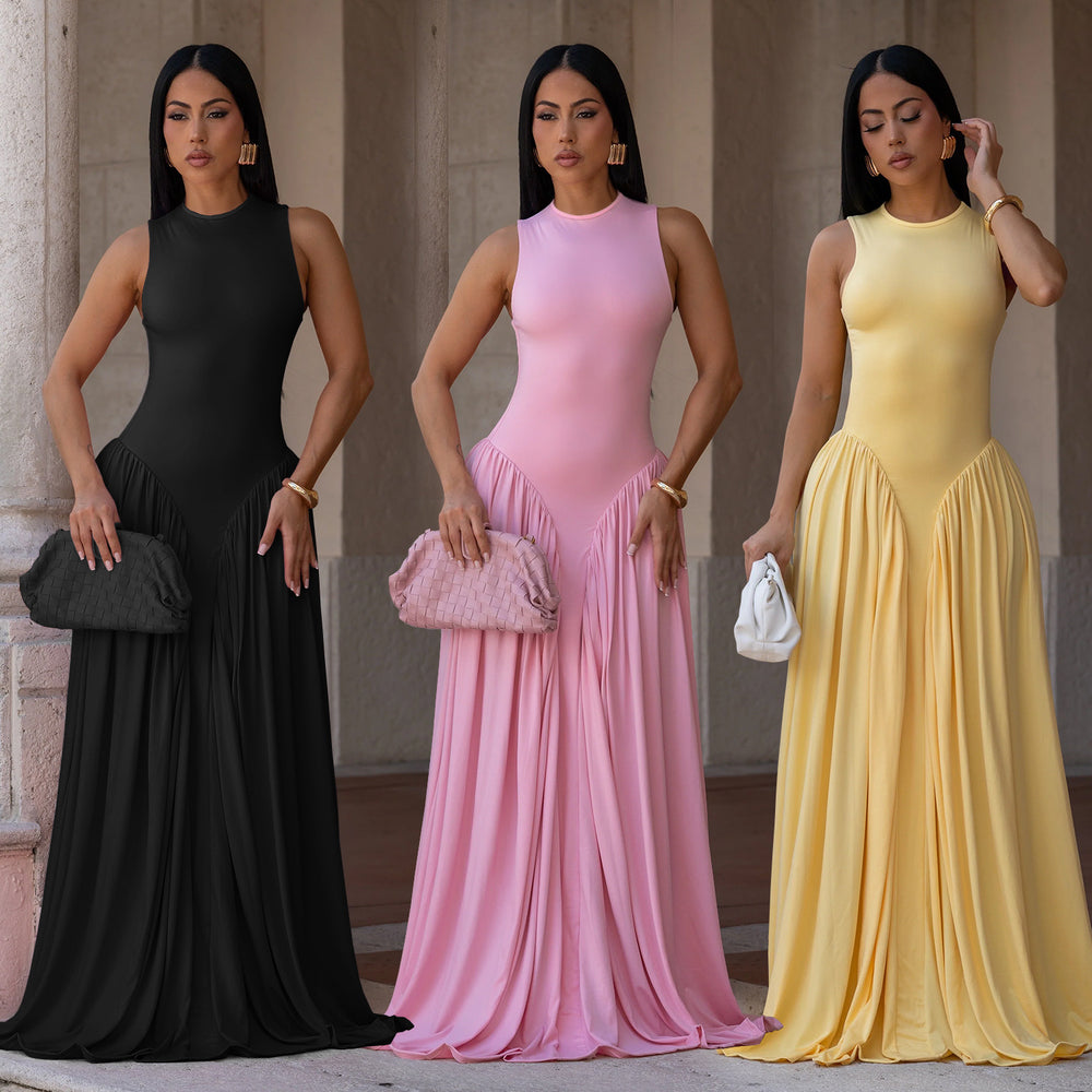 C7713 cross-border   fashion women's elegant solid color round neck sleeveless dress