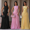 C7713 cross-border   fashion women's elegant solid color round neck sleeveless dress