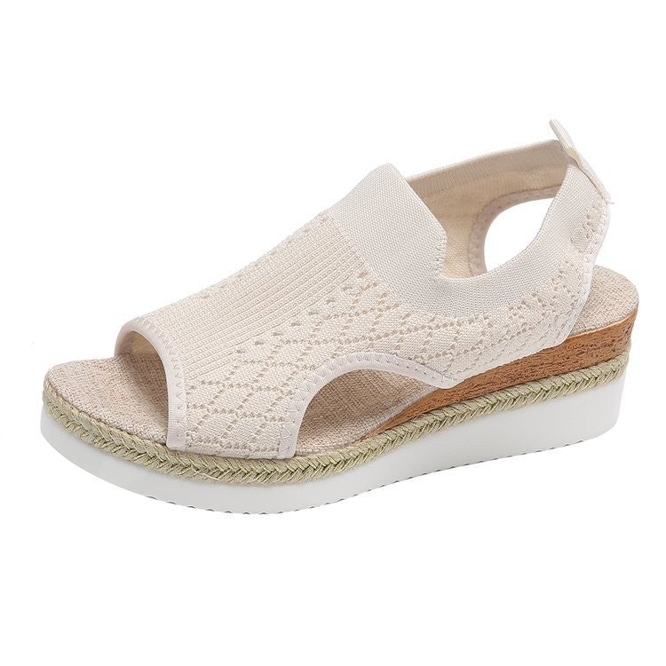 Wish  new arrival  fashion tie back fish mouth thick sole fly weaving casual women's sandals 43 size cross-border plus size