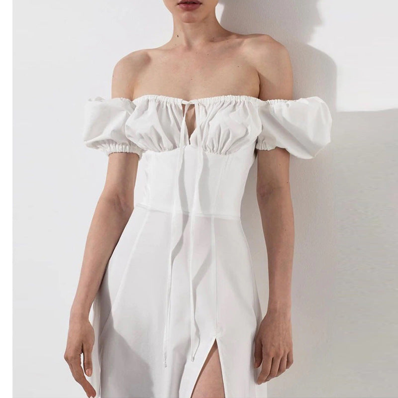 cross-border e-commerce women's fashion: european and american summer new arrivals - french style sweet bubble sleeve tie-waist slit dress