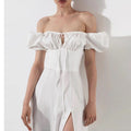 cross-border e-commerce women's fashion: european and american summer new arrivals - french style sweet bubble sleeve tie-waist slit dress