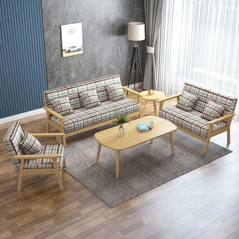 Solid wood sofa and coffee table set - modern minimalist fabric three-seater office chair for small apartment living rooms and rental properties