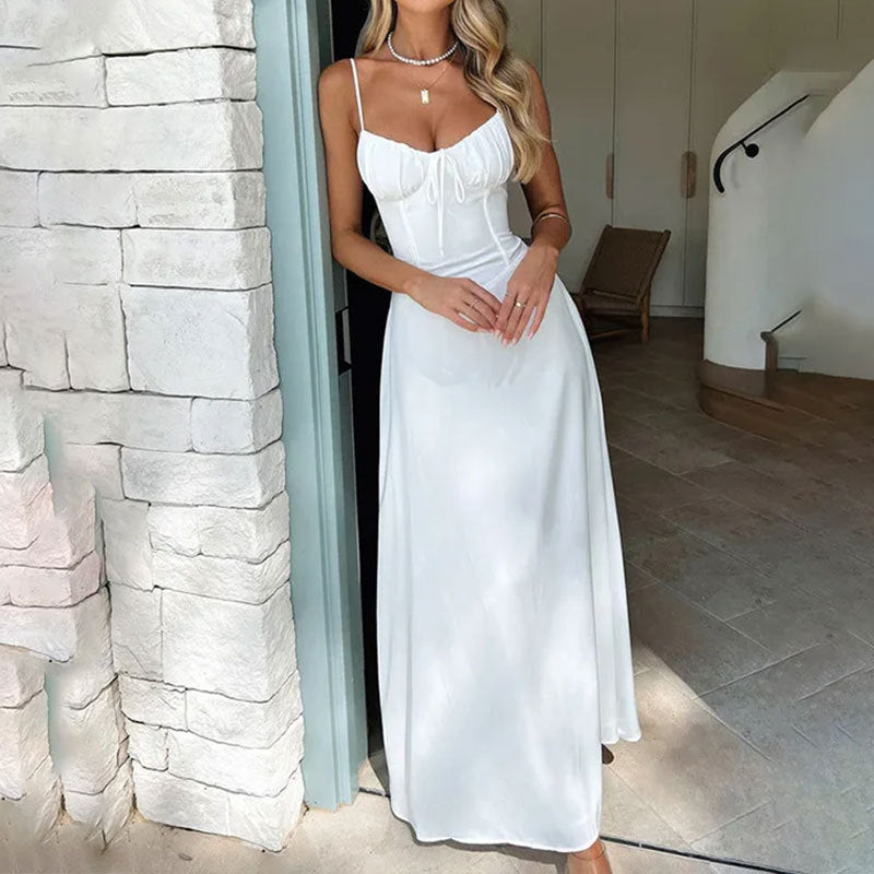 cross-border e-commerce women's fashion: european and american summer new arrivals - elegant and chic tie-waist a-line solid color midi dress