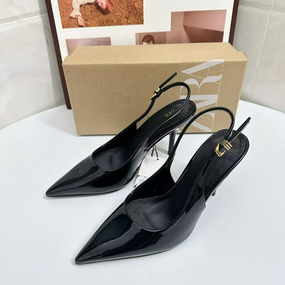 Za cross-border independent station insfashion catwalk electroplated steel heel one-word buckle strap simple open toe women's shoes sandals