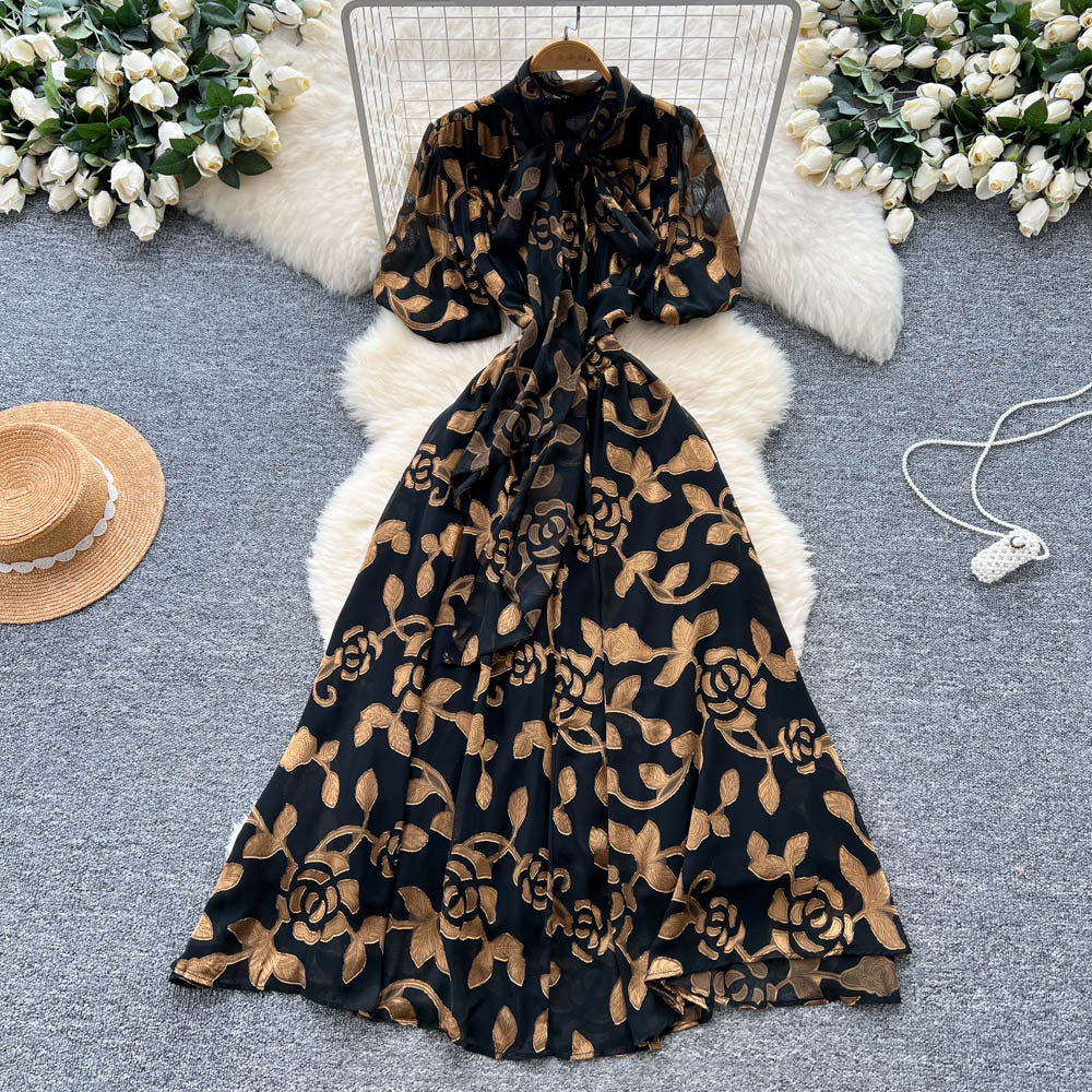 French chic bow-tie lantern sleeve dress - women's fashionable waist-cinching jacquard mesh flowy maxi dress