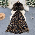 French chic bow-tie lantern sleeve dress - women's fashionable waist-cinching jacquard mesh flowy maxi dress