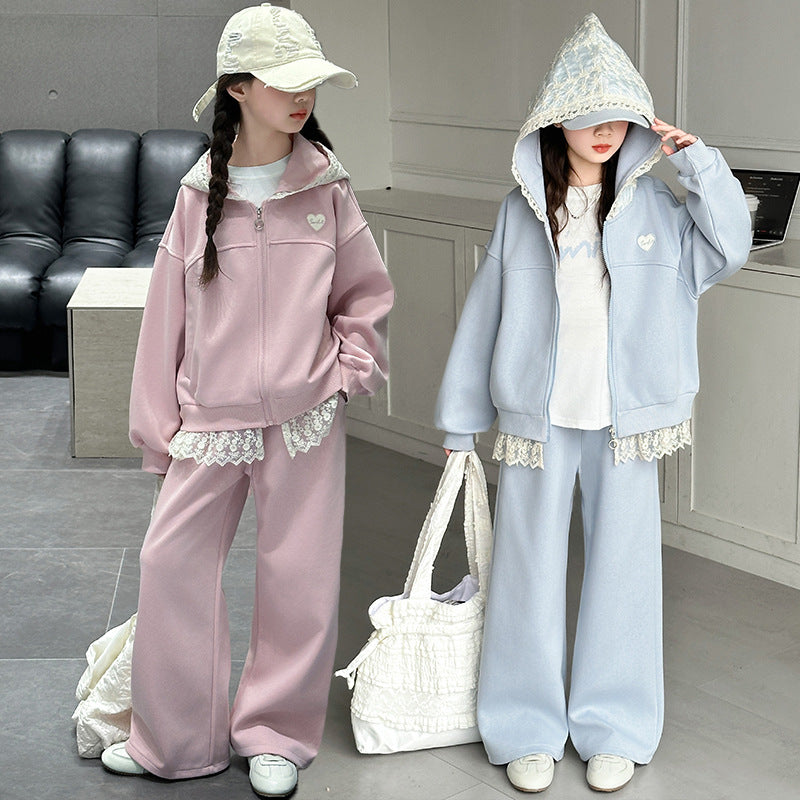 Girls' spring/autumn tracksuit set - stylish hooded wide-leg pants for older girls,  new korean style two-piece outfit