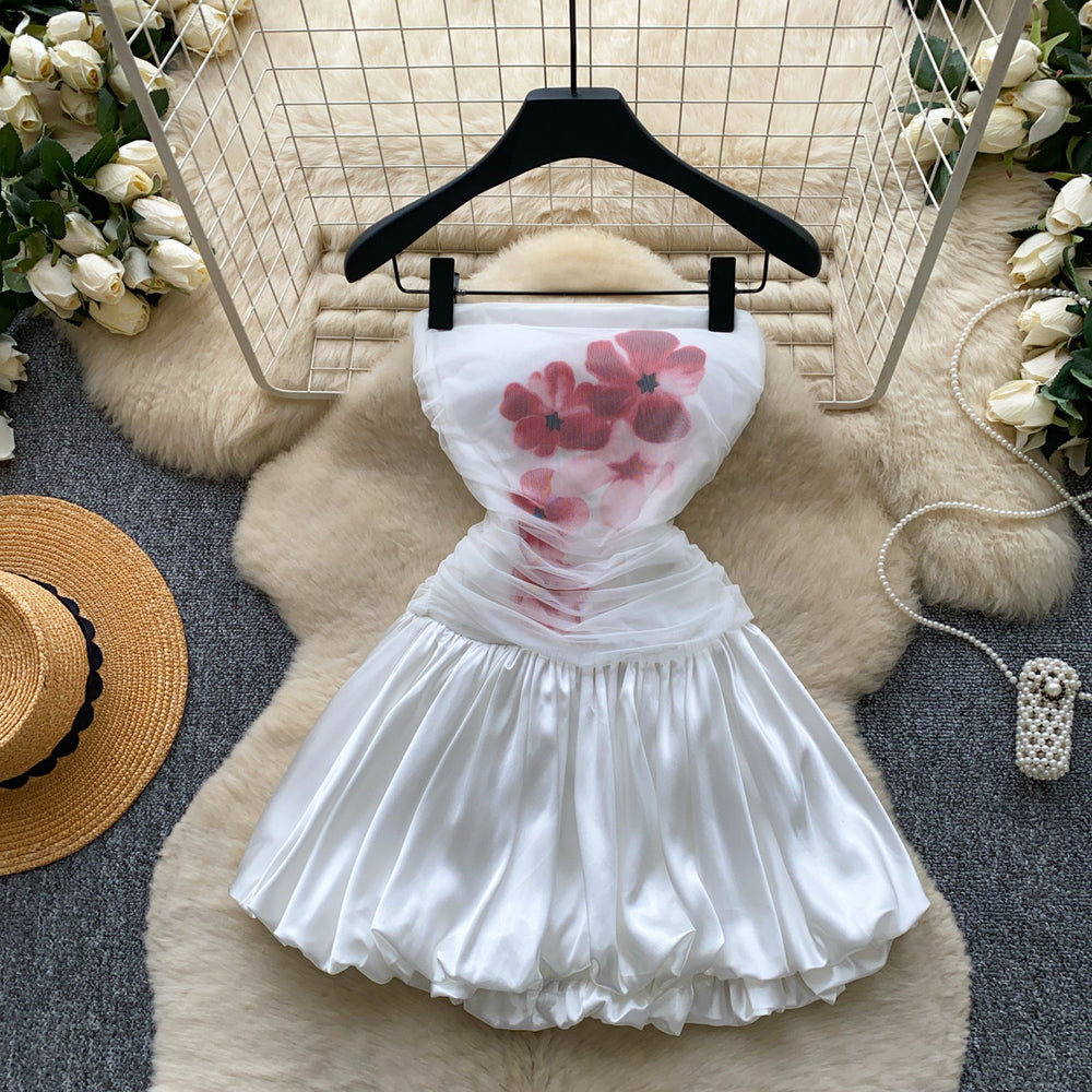 Sweet girly print bandeau dress - women's summer korean style high waist slimming flared tulip skirt - white