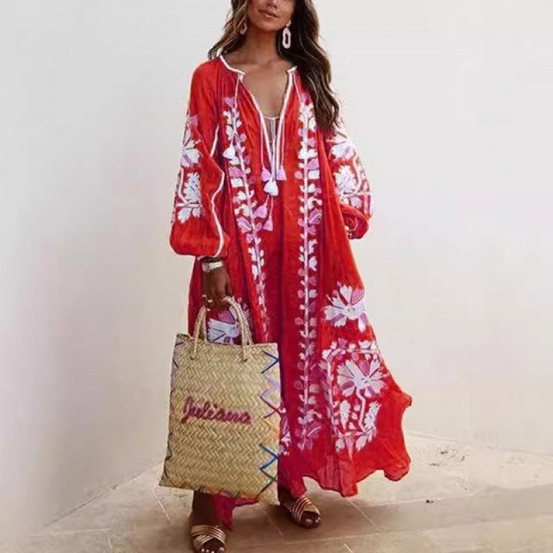 fashion  women's fashionlooselong sleevestie backv neckprinting large swing dress women's dress