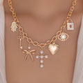 Amazon's hottest retro cross heart clavicle chain niche accessible luxury diamond-encrusted imitation pearl bow necklace for women