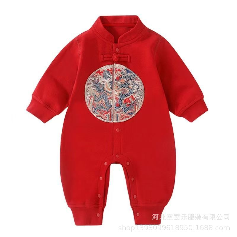 Infant and toddler spring and autumn double-layered full-month celebration, 100-day banquet baby clothes, autumn and winter festive first birthday baby fleece-lined onesie